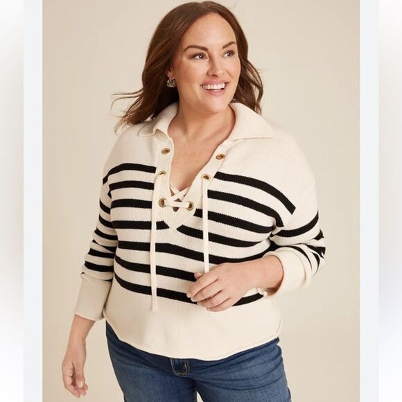 Maurice’s Stripe Lace Up Collared Sweater size 1x - Picture 1 of 1
